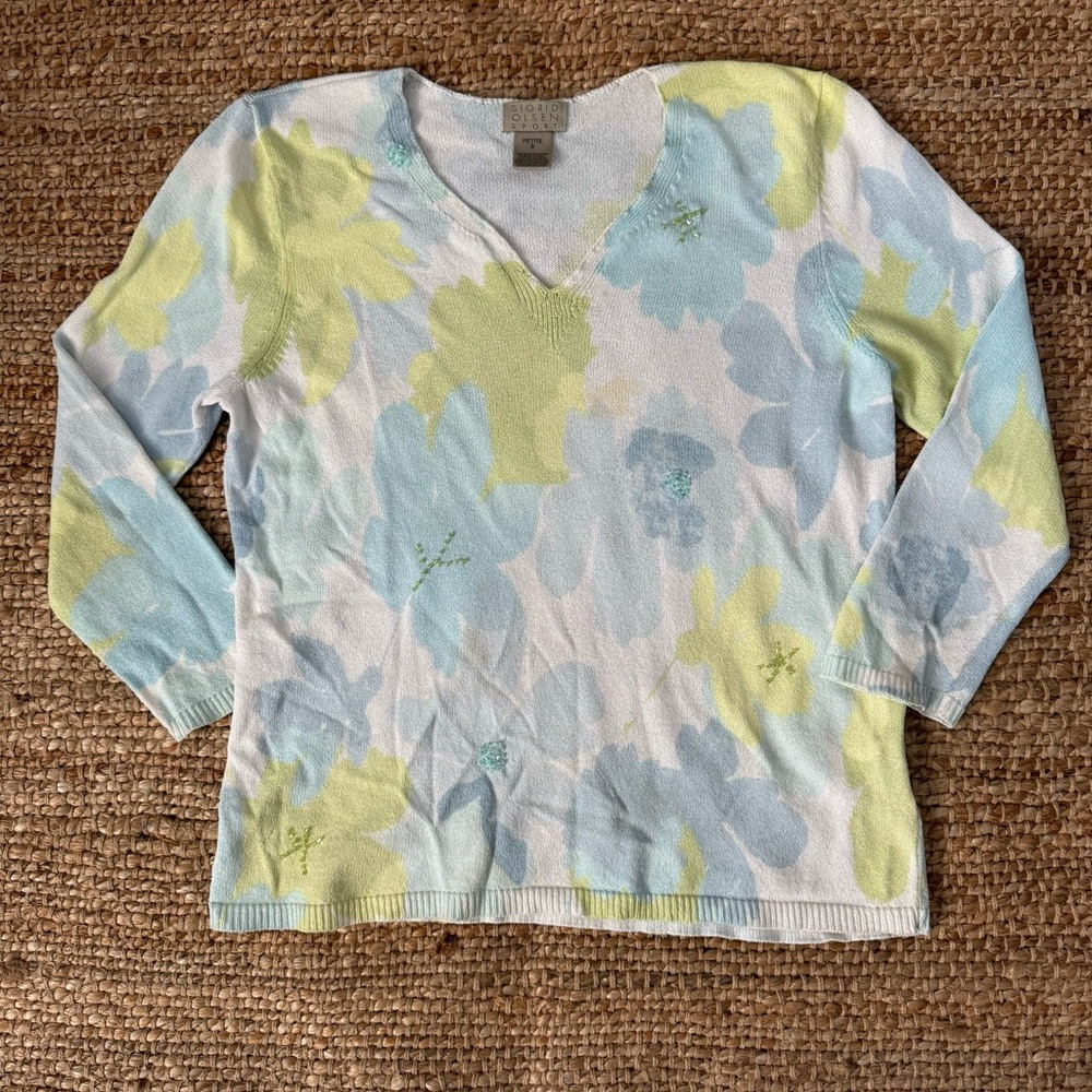Sigrid Olsen Sport Floral V-Neck 3/4 Sleeve Sweater - Petite Small